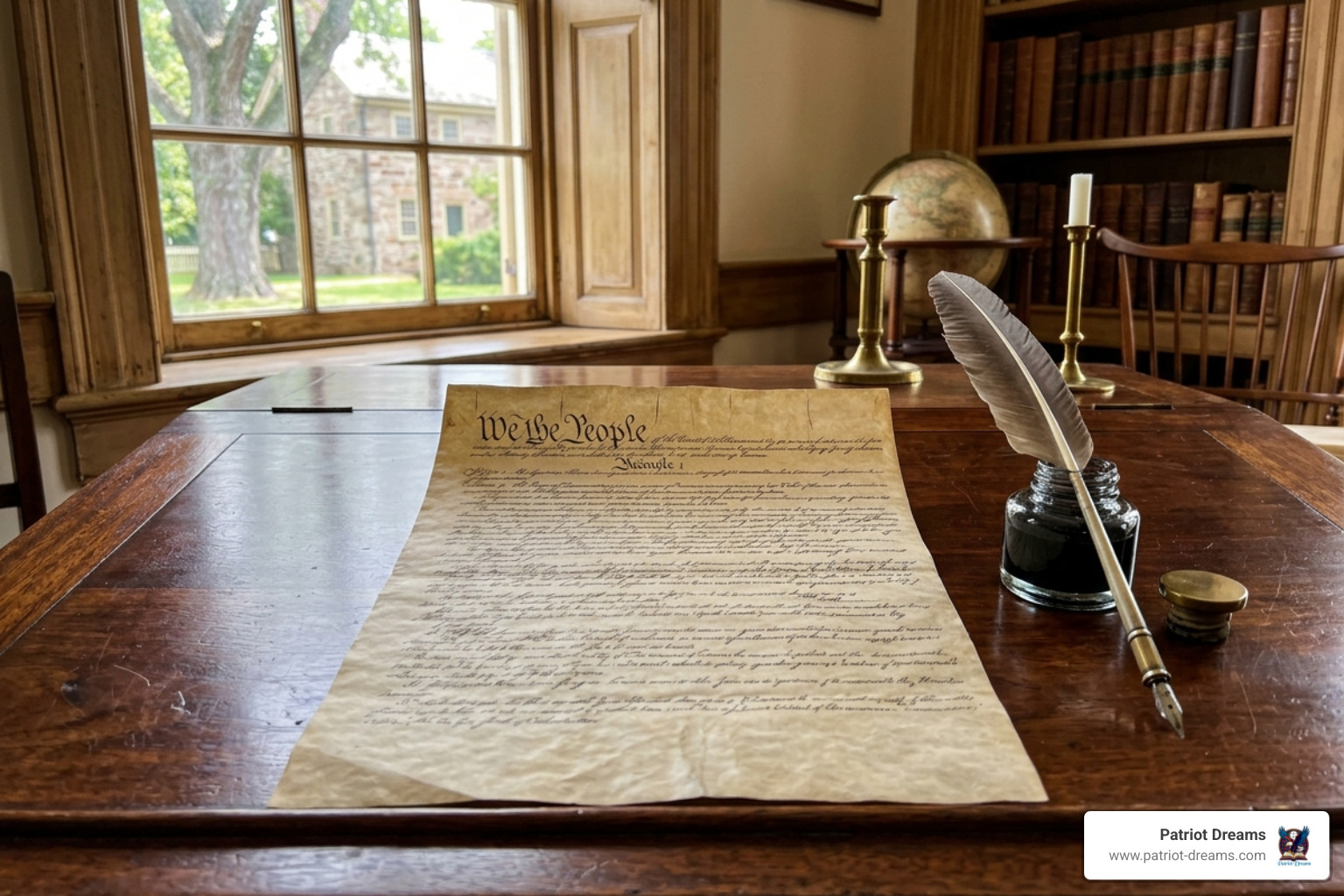 The U.S. Constitution sitting on a wooden desk with a quill pen - Presidential election history