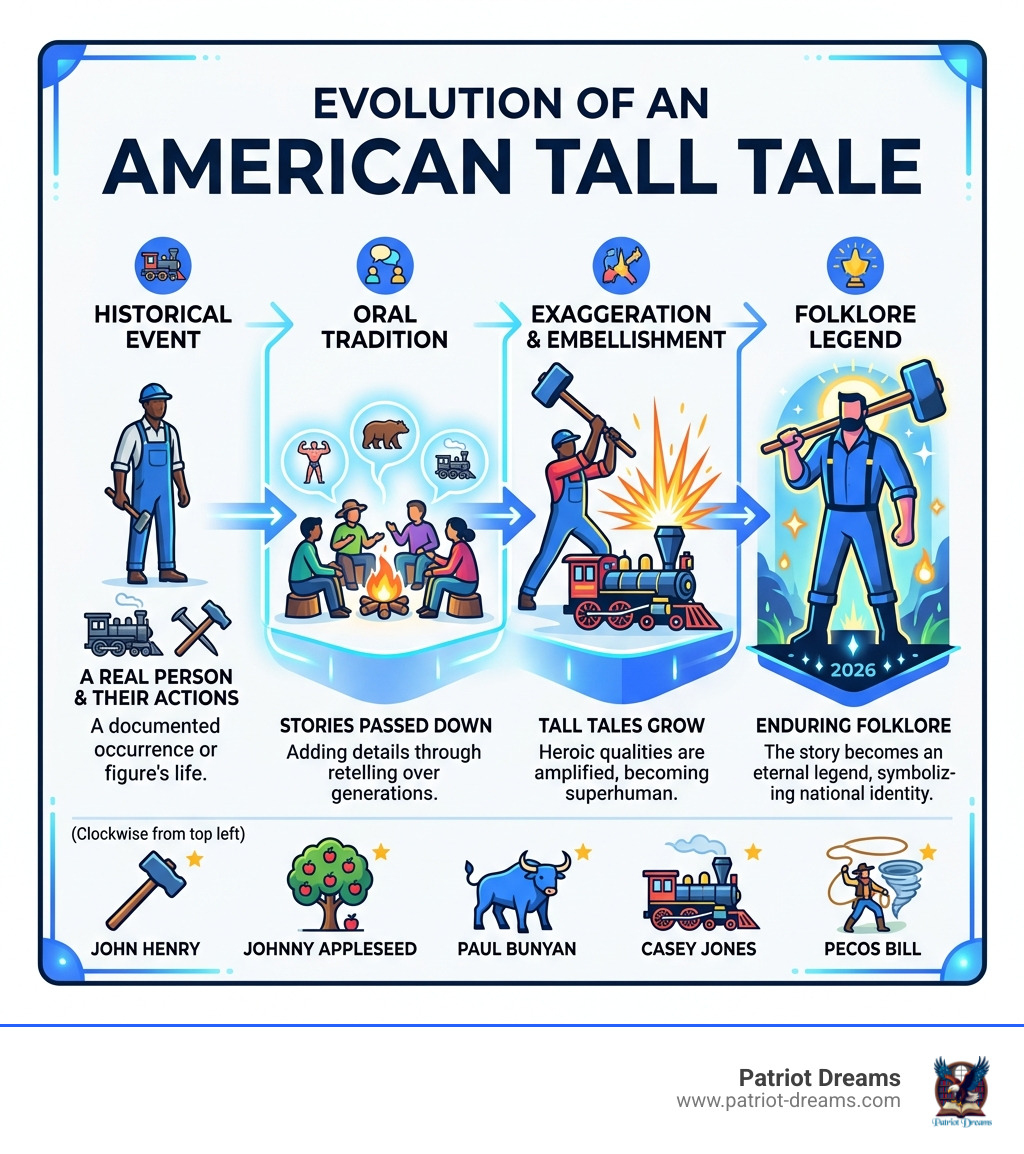 Evolution of an American tall tale from historical event to folklore legend infographic - American legends infographic 