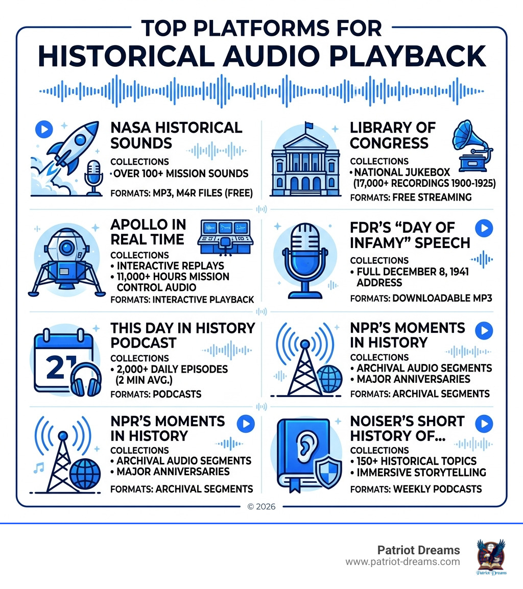 Infographic showing top platforms for historical audio playback, collections, and formats available - historical events