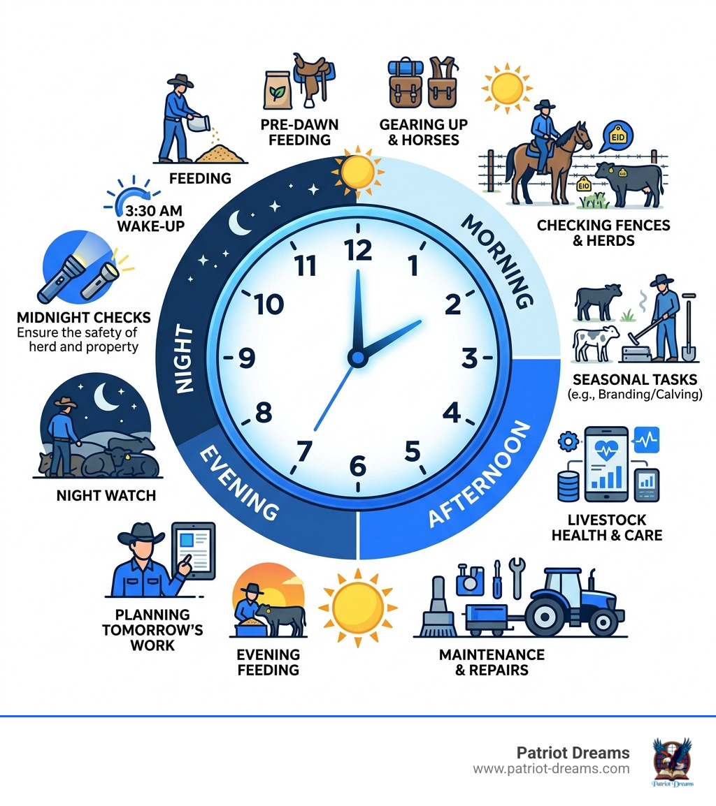24-hour cycle of a working ranch from pre-dawn feeding to midnight checks - American cowboy ranch life infographic 