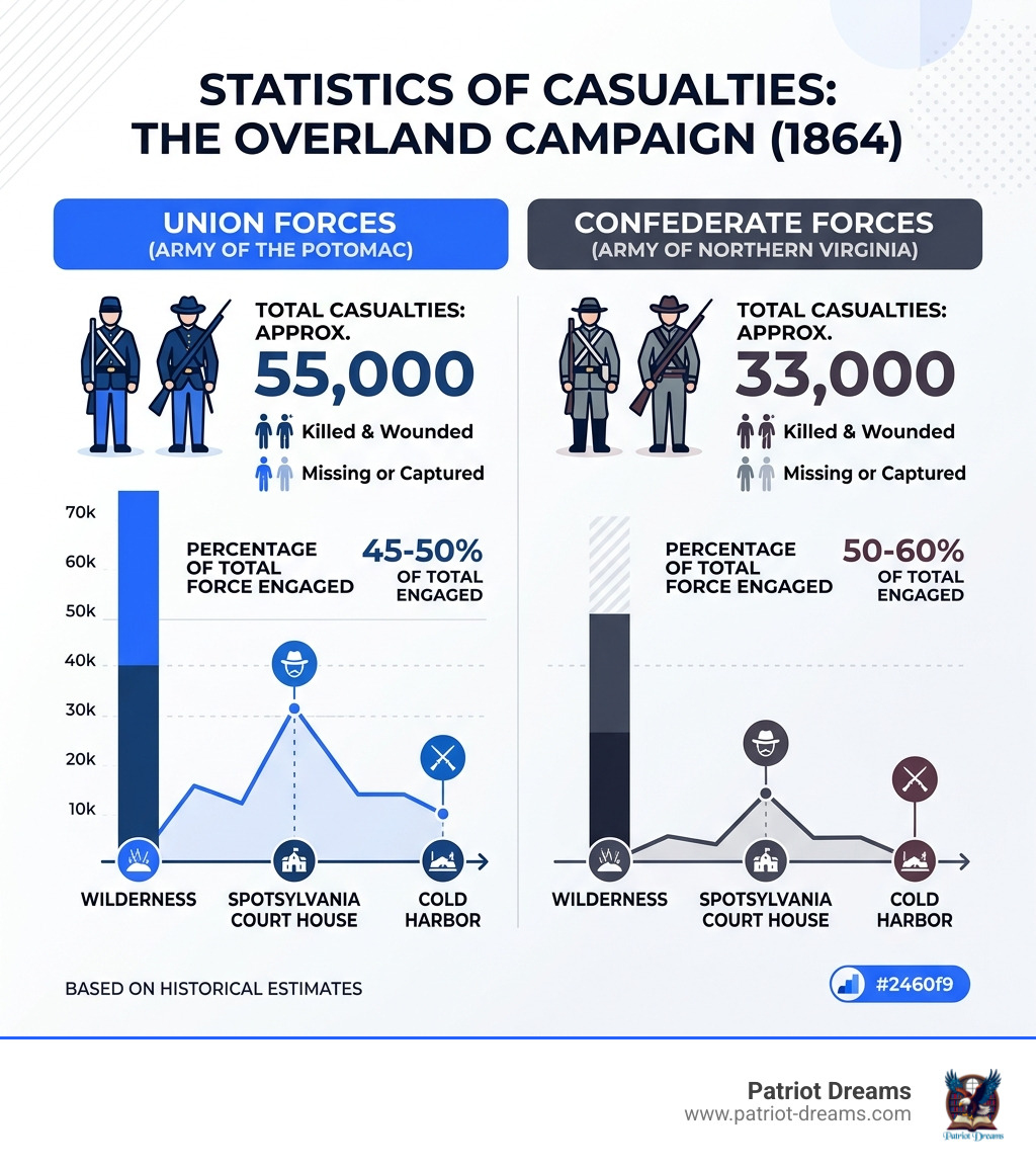 Stat of Union casualties vs Confederate casualties in the Overland Campaign - Abraham Lincoln infographic Stat of Union casualties vs Confederate casualties in the Overland Campaign - Abraham Lincoln infographic