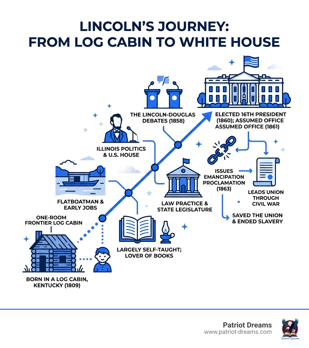 Lincoln's journey from log cabin to White House — key life milestones infographic - Abraham Lincoln infographic Lincoln's journey from log cabin to White House — key life milestones infographic - Abraham Lincoln infographic