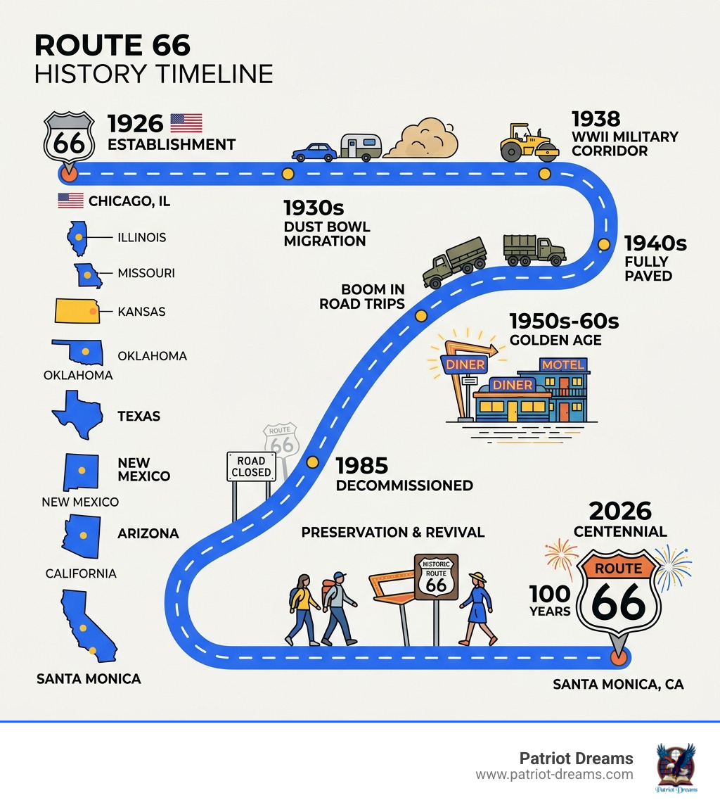 Timeline infographic of Route 66 history from 1926 establishment through 8 states to 1985 decommissioning and 2026 Timeline infographic of Route 66 history from 1926 establishment through 8 states to 1985 decommissioning and 2026