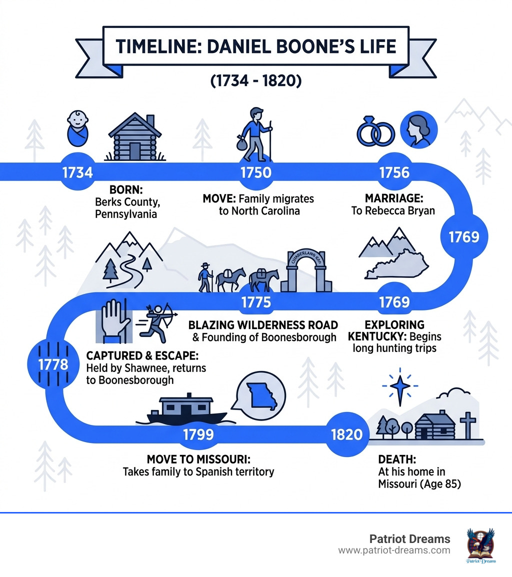Timeline infographic of Daniel Boone's life from 1734 to 1820 with key milestones - Daniel Boone infographic Timeline infographic of Daniel Boone's life from 1734 to 1820 with key milestones - Daniel Boone infographic