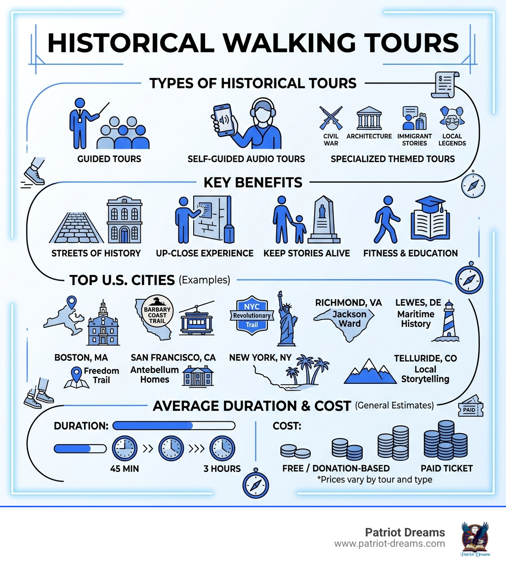 Infographic showing types of historical walking tours, key benefits, top US cities, and average duration and cost Infographic showing types of historical walking tours, key benefits, top US cities, and average duration and cost