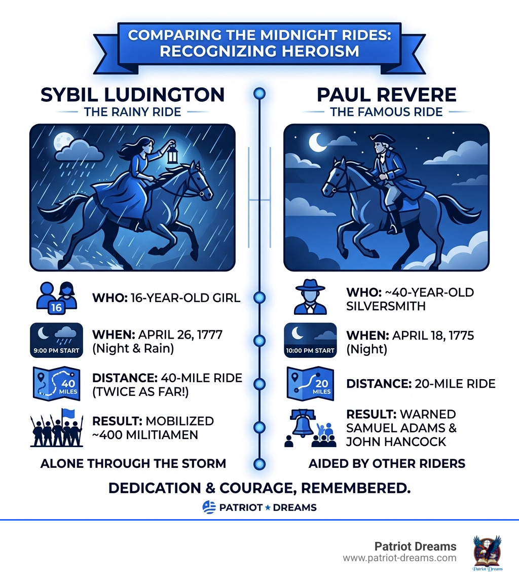 Infographic comparing Sybil Ludington 40-mile ride vs Paul Revere 20-mile ride, key facts infographic Infographic comparing Sybil Ludington 40-mile ride vs Paul Revere 20-mile ride, key facts infographic
