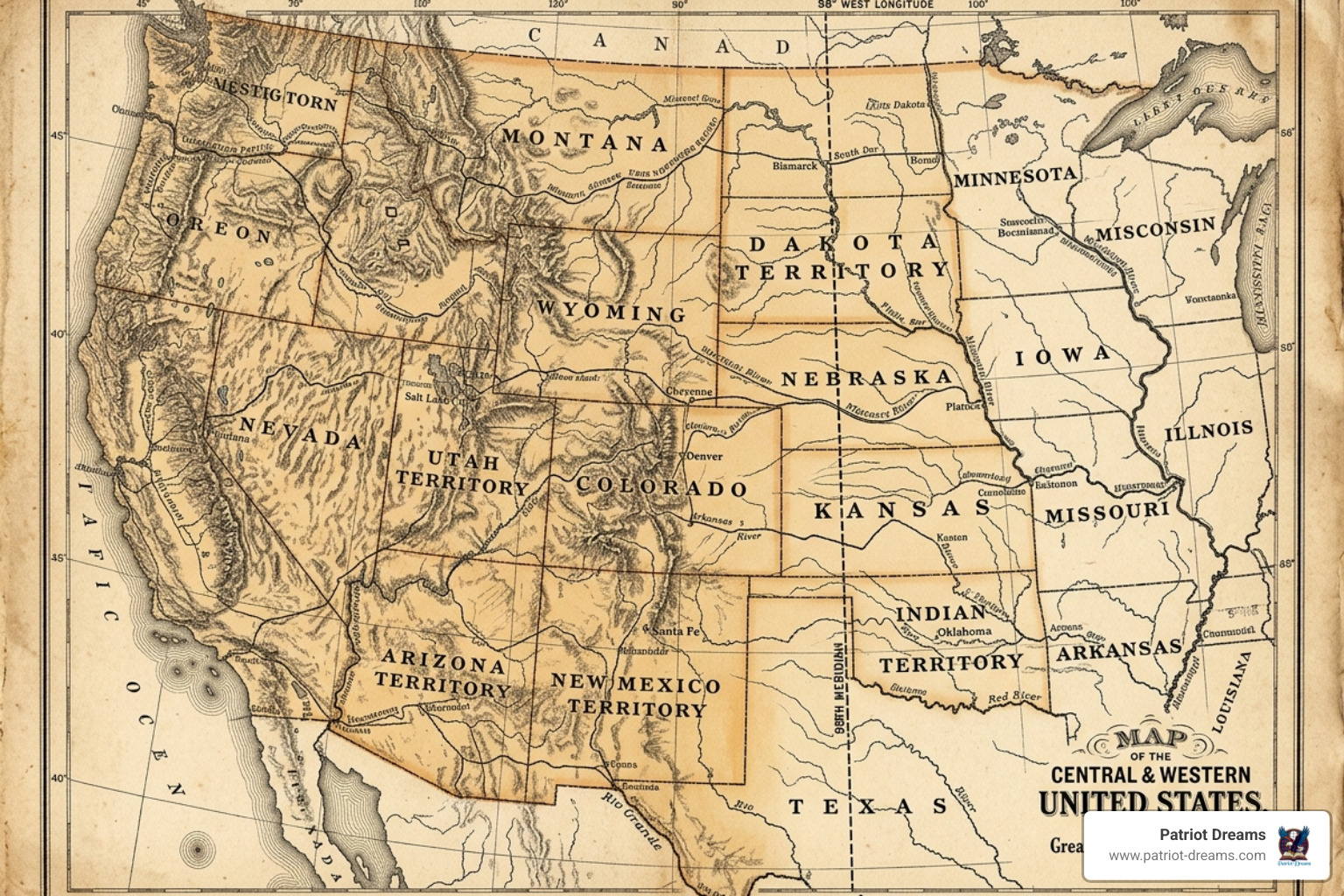 Vintage map showing the 98th meridian and western territories during the late 1800s