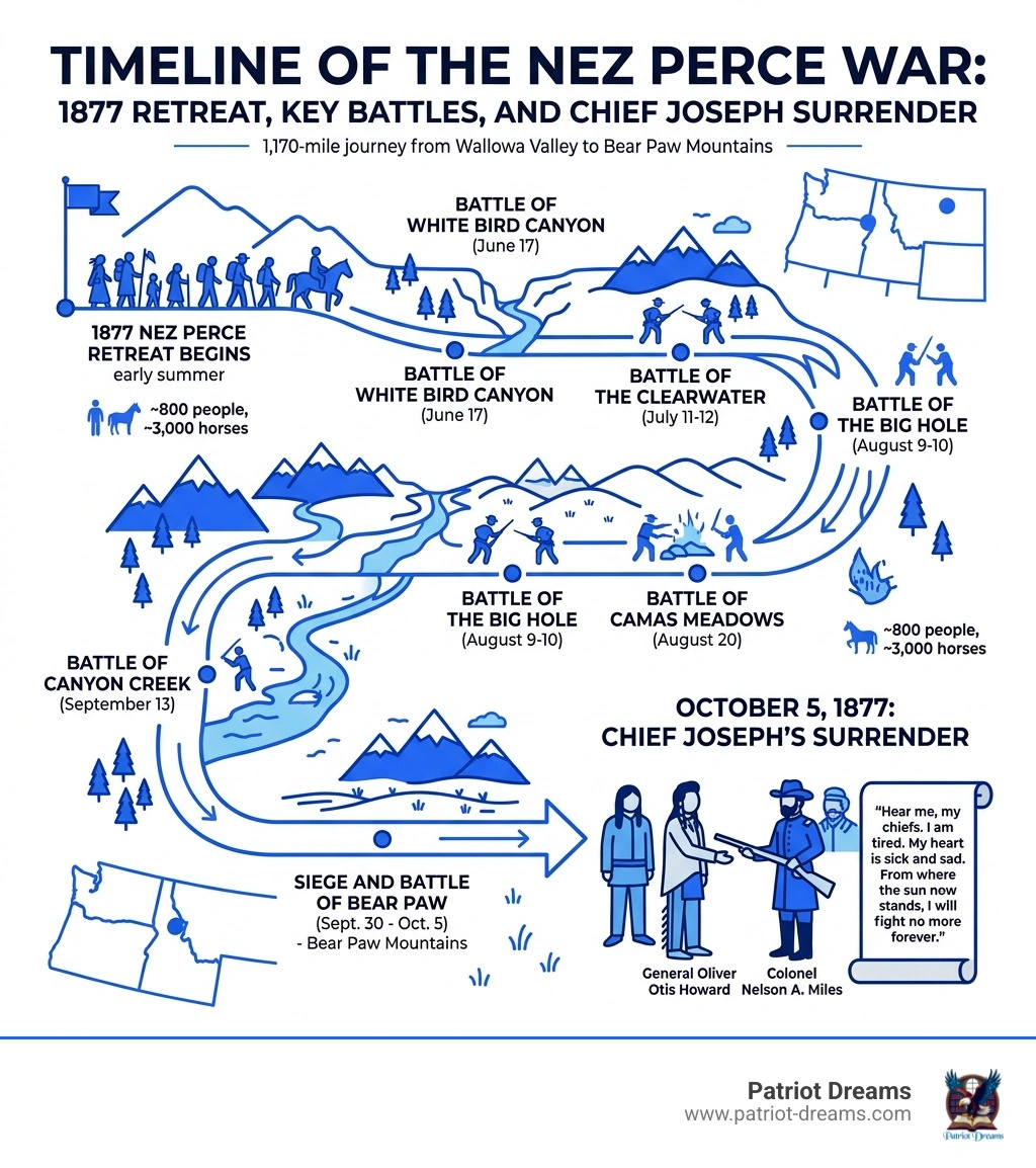 Timeline of the Nez Perce War 1877 retreat key battles dates and Chief Joseph surrender - Chief Joseph surrender infographic Timeline of the Nez Perce War 1877 retreat key battles dates and Chief Joseph surrender - Chief Joseph surrender infographic