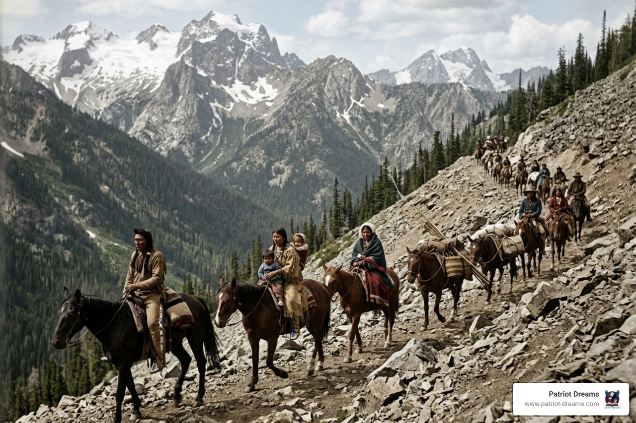 The Nez Perce people retreating through the rugged Rocky Mountains in 1877 - Chief Joseph surrender