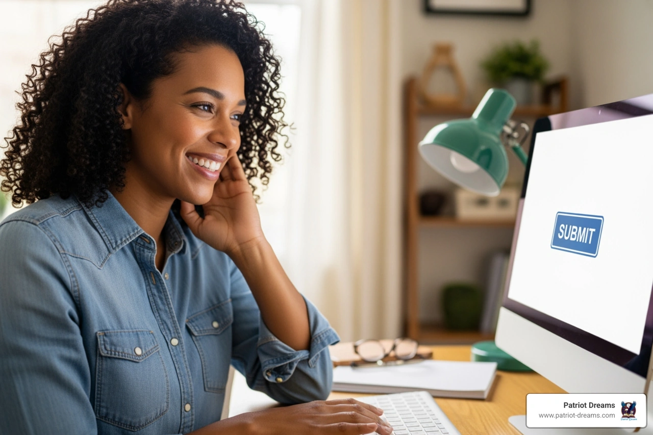 Person smiling warmly while sitting at a desk and clicking the submit button on their computer Person smiling warmly while sitting at a desk and clicking the submit button on their computer