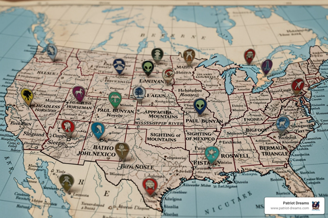 Vintage map of the United States highlighting locations of legendary folk stories Vintage map of the United States highlighting locations of legendary folk stories