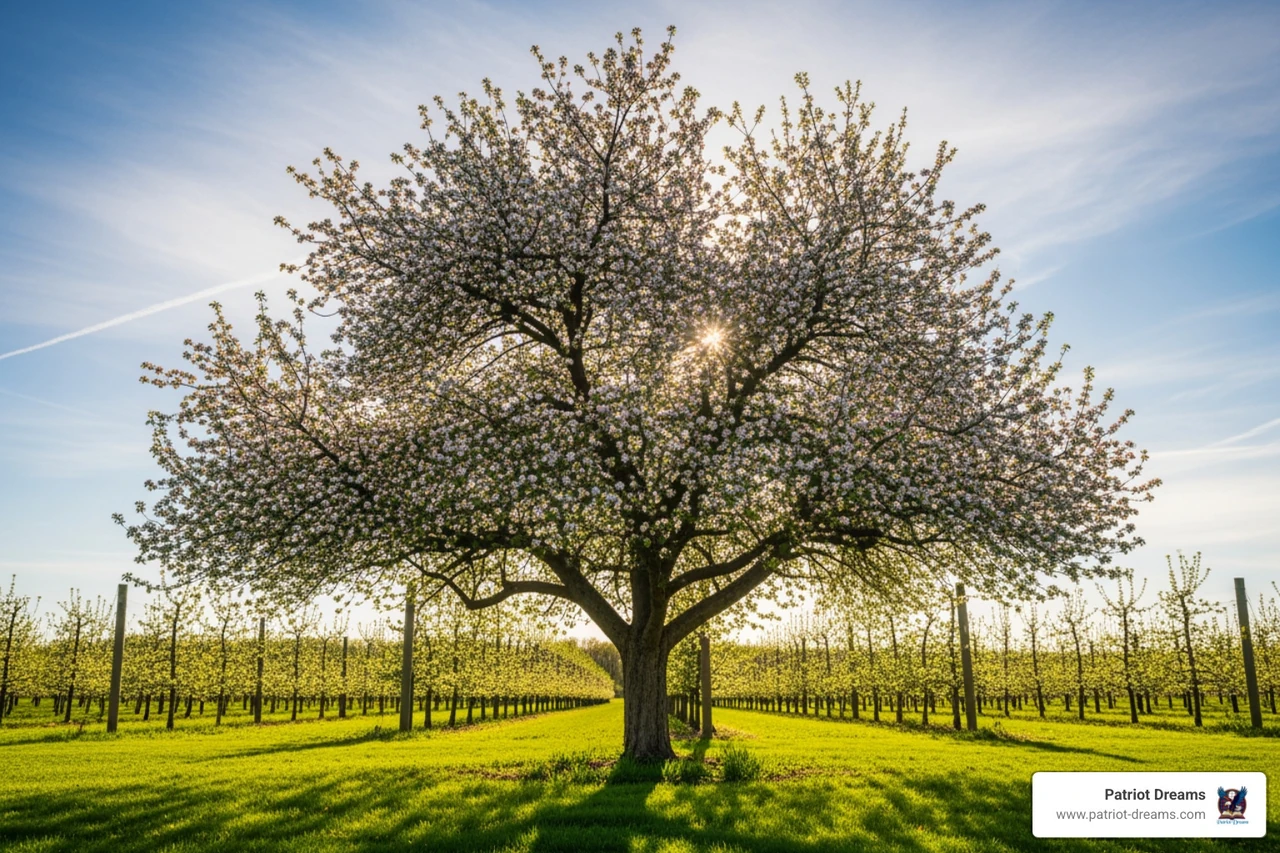 A blooming apple tree in a sunny Midwest orchard representing Johnny Appleseed's legacy A blooming apple tree in a sunny Midwest orchard representing Johnny Appleseed's legacy