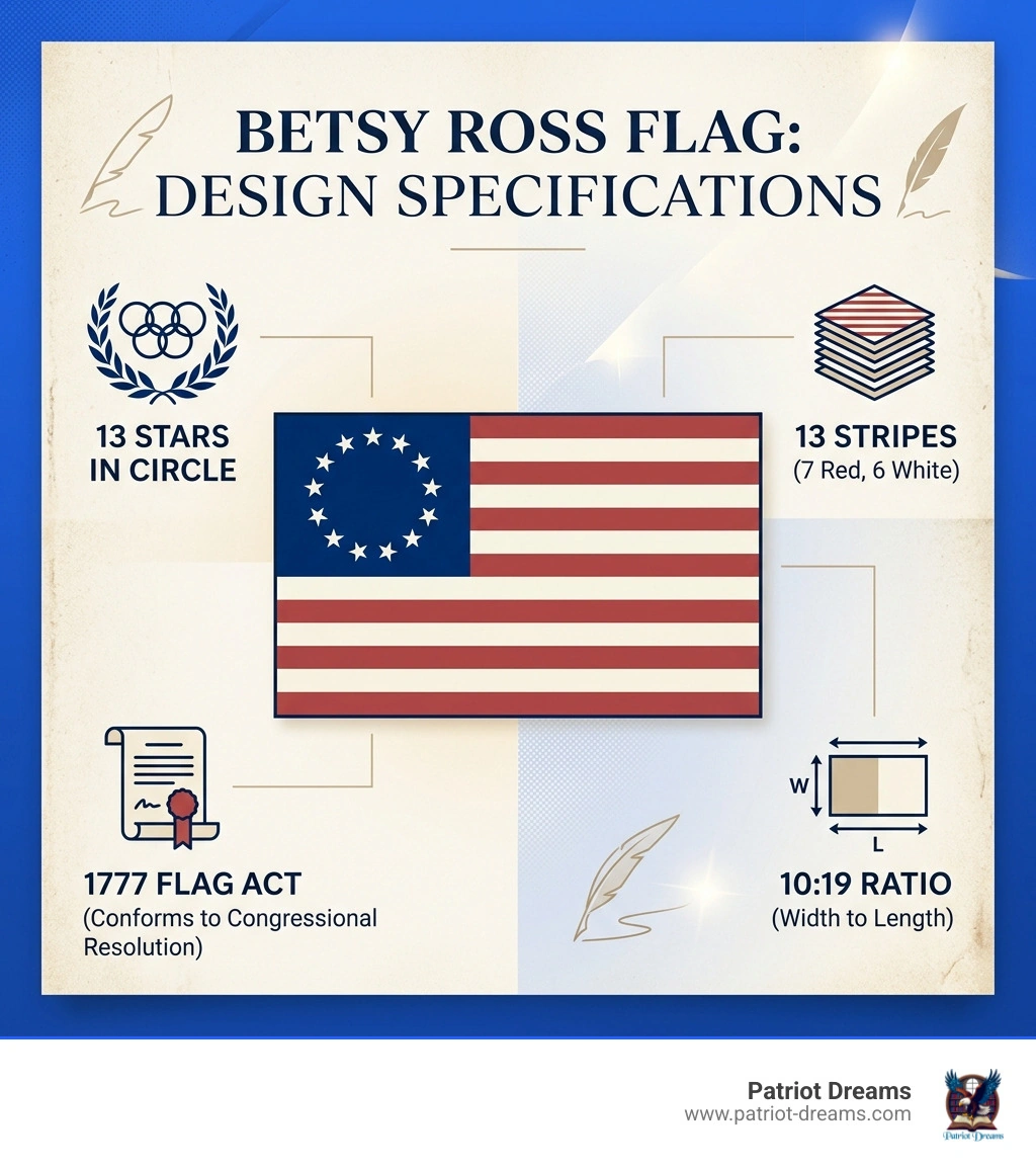 Infographic showing Betsy Ross flag design specs: 13 stars in circle, 13 stripes, 10:19 ratio, 1777 Flag Act infographic Infographic showing Betsy Ross flag design specs: 13 stars in circle, 13 stripes, 10:19 ratio, 1777 Flag Act infographic