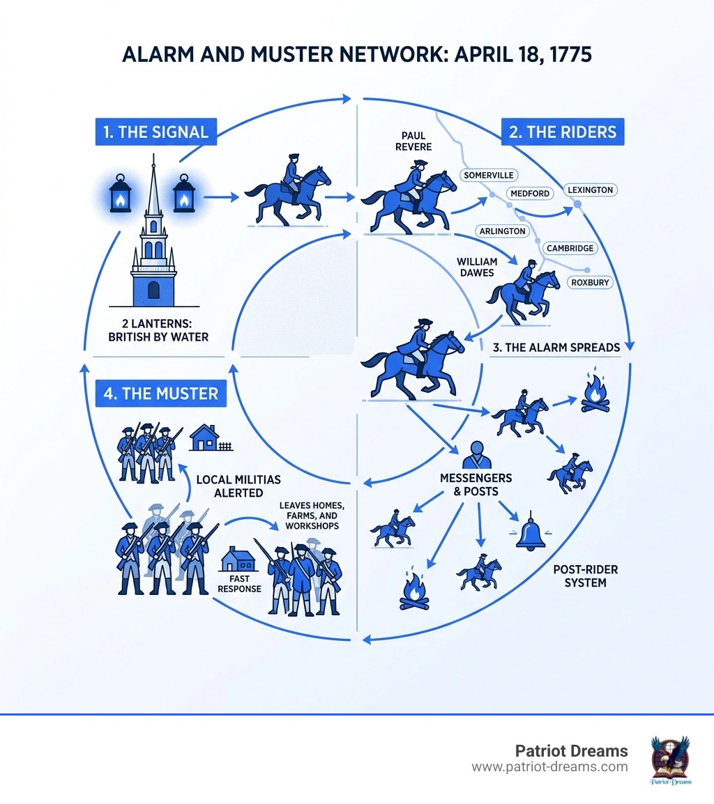 Infographic showing the Alarm and Muster communication network used on the night of April 18, 1775 infographic Infographic showing the Alarm and Muster communication network used on the night of April 18, 1775 infographic