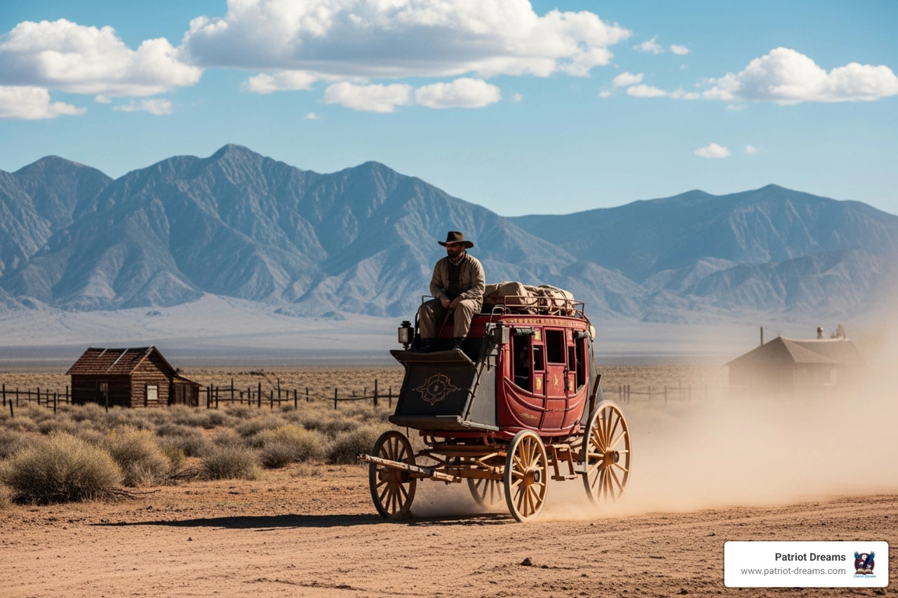 Vintage stagecoach traveling through a dusty desert landscape with mountains in the background Vintage stagecoach traveling through a dusty desert landscape with mountains in the background