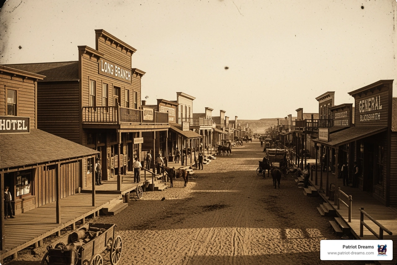 Historical Front Street in Dodge City featuring the Long Branch Saloon and wooden boardwalks Historical Front Street in Dodge City featuring the Long Branch Saloon and wooden boardwalks