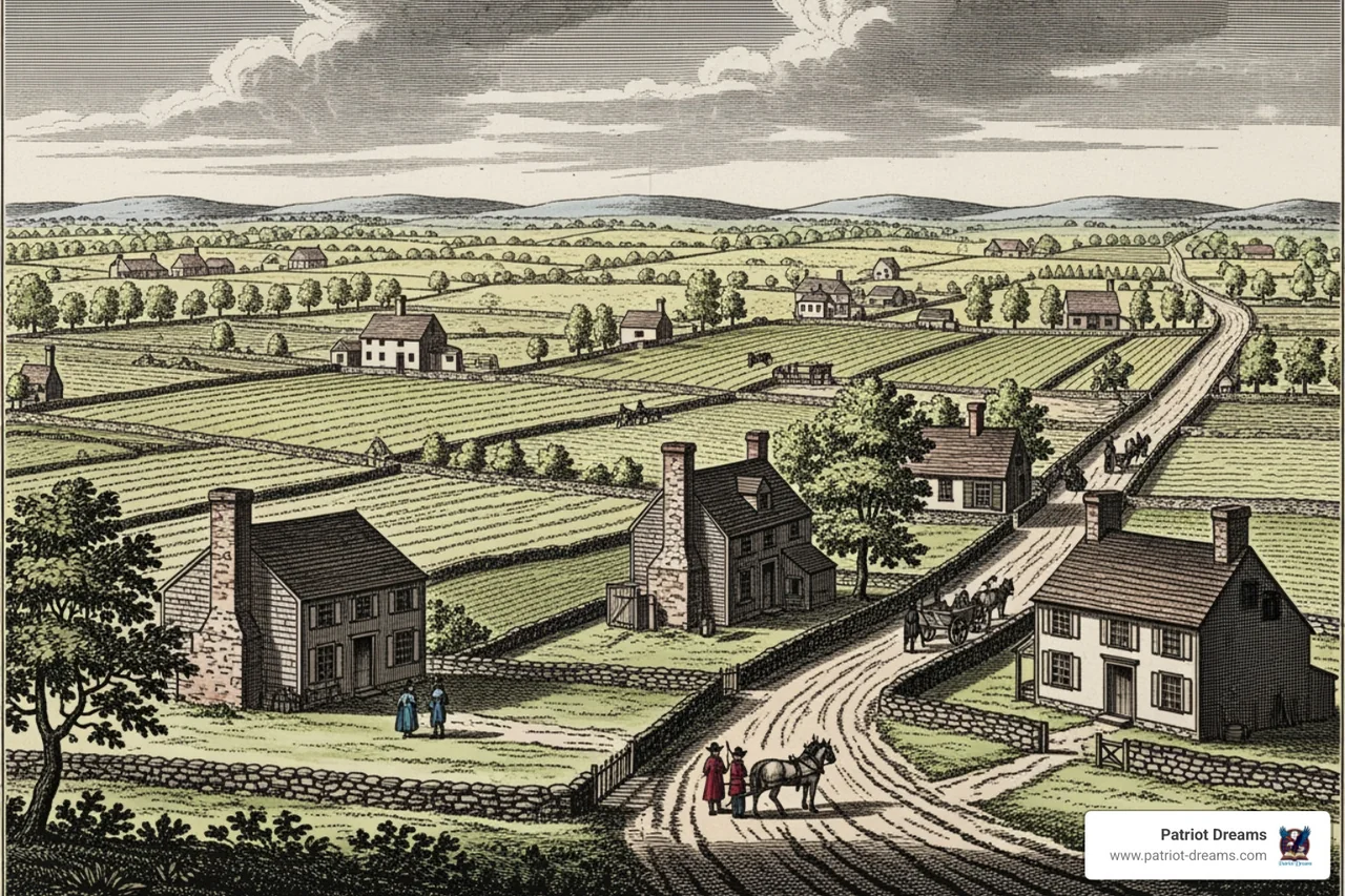 Illustration of colonial Framingham Massachusetts featuring modest 18th-century dwellings and farmland Illustration of colonial Framingham Massachusetts featuring modest 18th-century dwellings and farmland