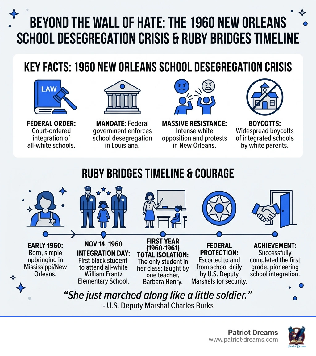 Infographic of the 1960 New Orleans school desegregation crisis key facts and Ruby Bridges timeline - Ruby Bridges courage