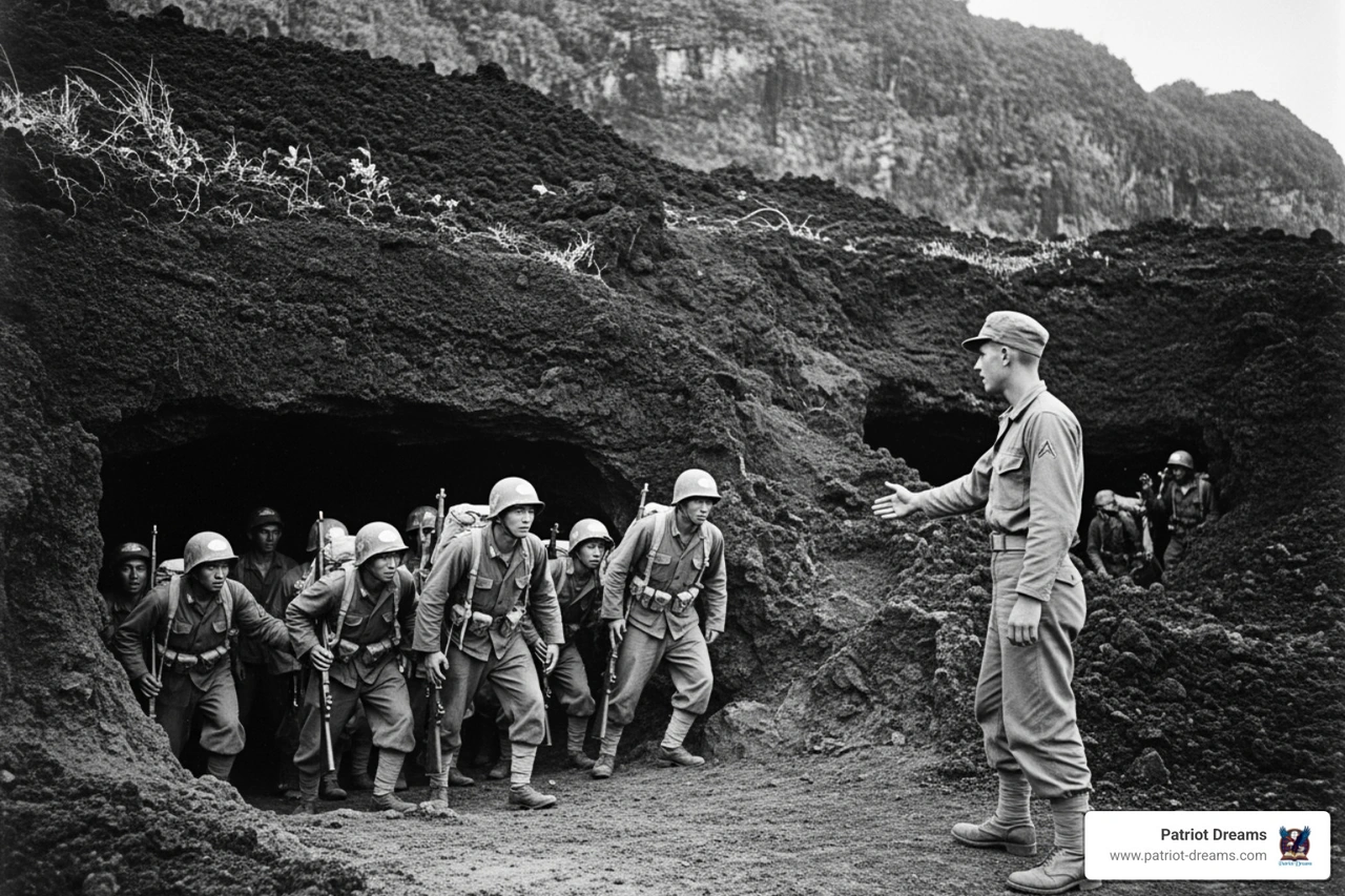 Japanese soldiers and civilians emerging from caves to surrender to Guy Gabaldon Japanese soldiers and civilians emerging from caves to surrender to Guy Gabaldon
