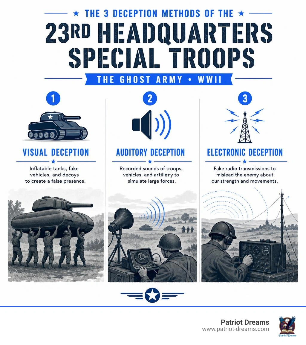 Infographic showing the three deception methods of the 23rd Headquarters Special Troops in WWII infographic