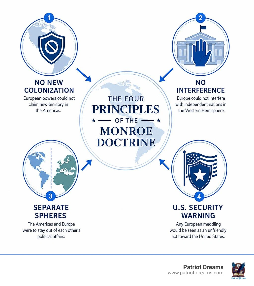 Infographic showing the four principles of the Monroe Doctrine with simple labels and arrows infographic