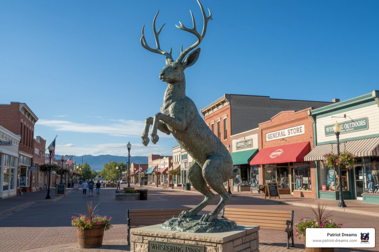 A whimsical Jackalope statue in a sunny Wyoming town square - american folklore creatures