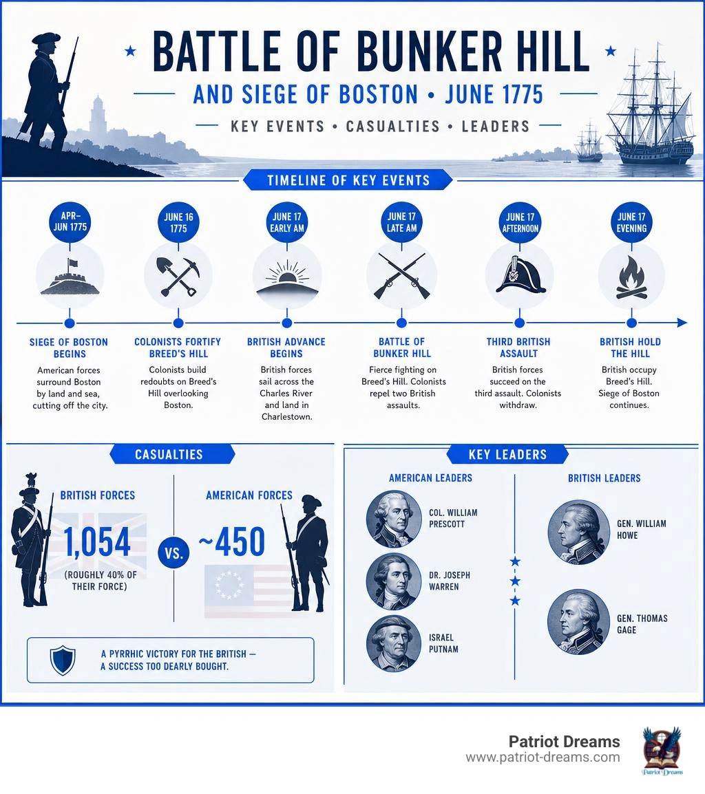 Timeline infographic of the Battle of Bunker Hill and Siege of Boston June 1775 key events casualties leaders infographic Timeline infographic of the Battle of Bunker Hill and Siege of Boston June 1775 key events casualties leaders infographic