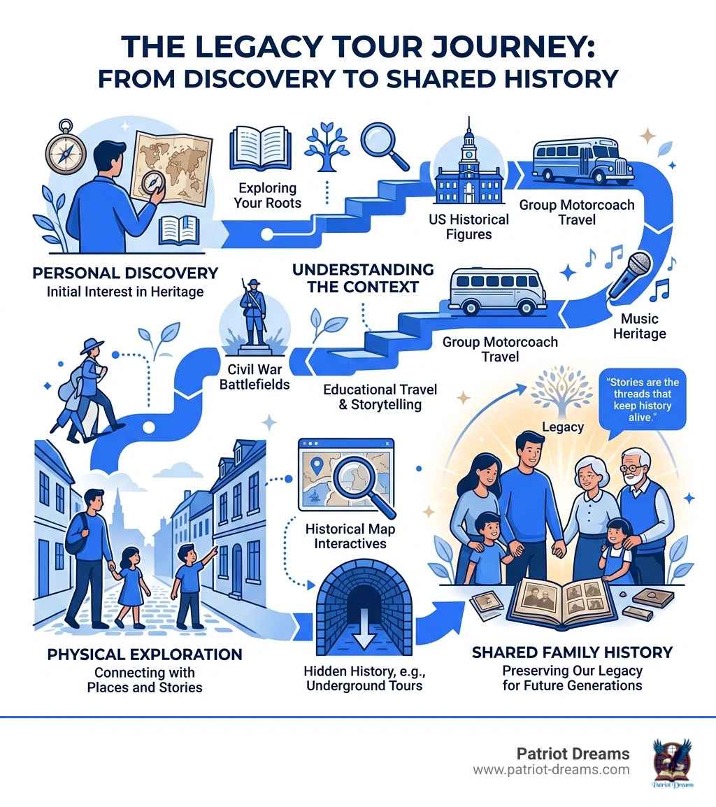 Infographic illustrating the journey of a legacy tour from personal discovery to shared family history - legacy tour