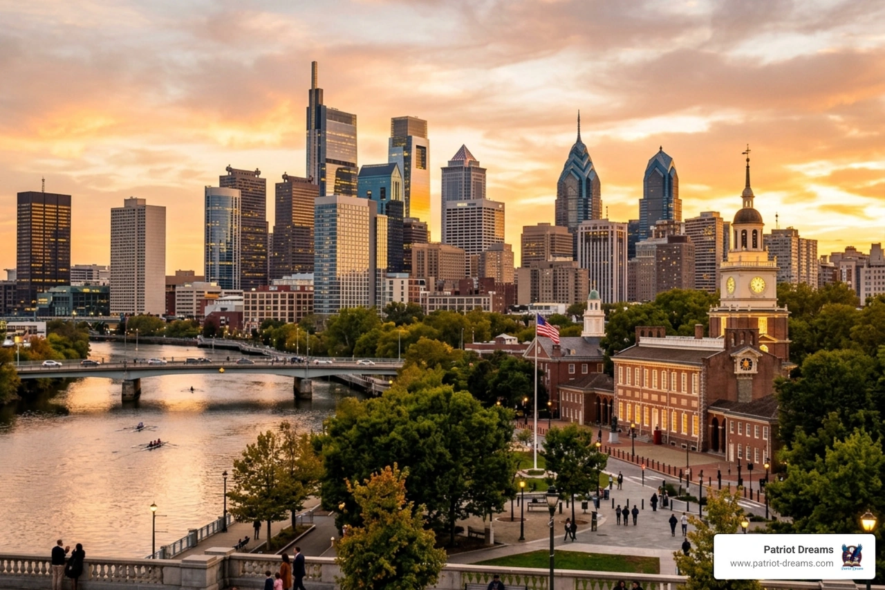 The historic Philadelphia skyline at sunset, representing American heritage and civic pride - legacy tour