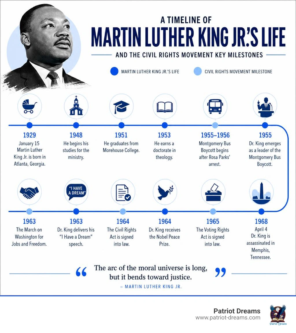 Timeline of Martin Luther King Jr's life and the Civil Rights Movement key milestones infographic Timeline of Martin Luther King Jr's life and the Civil Rights Movement key milestones infographic