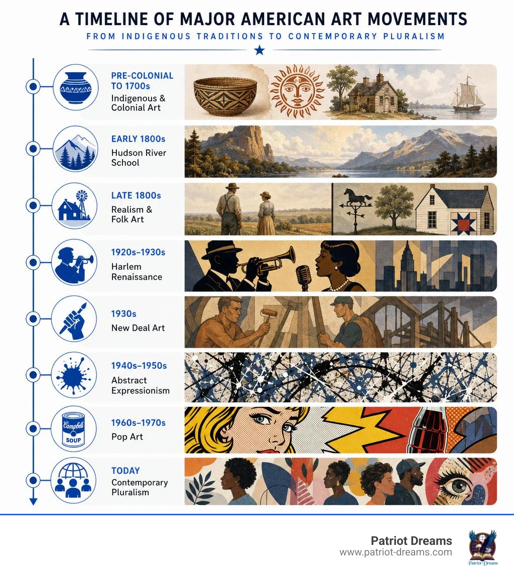 Timeline of major American art movements from Indigenous traditions to contemporary pluralism infographic Timeline of major American art movements from Indigenous traditions to contemporary pluralism infographic