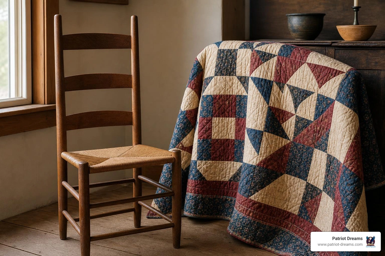 Beautifully crafted Shaker chair and Amish quilt representing folk art simplicity Beautifully crafted Shaker chair and Amish quilt representing folk art simplicity