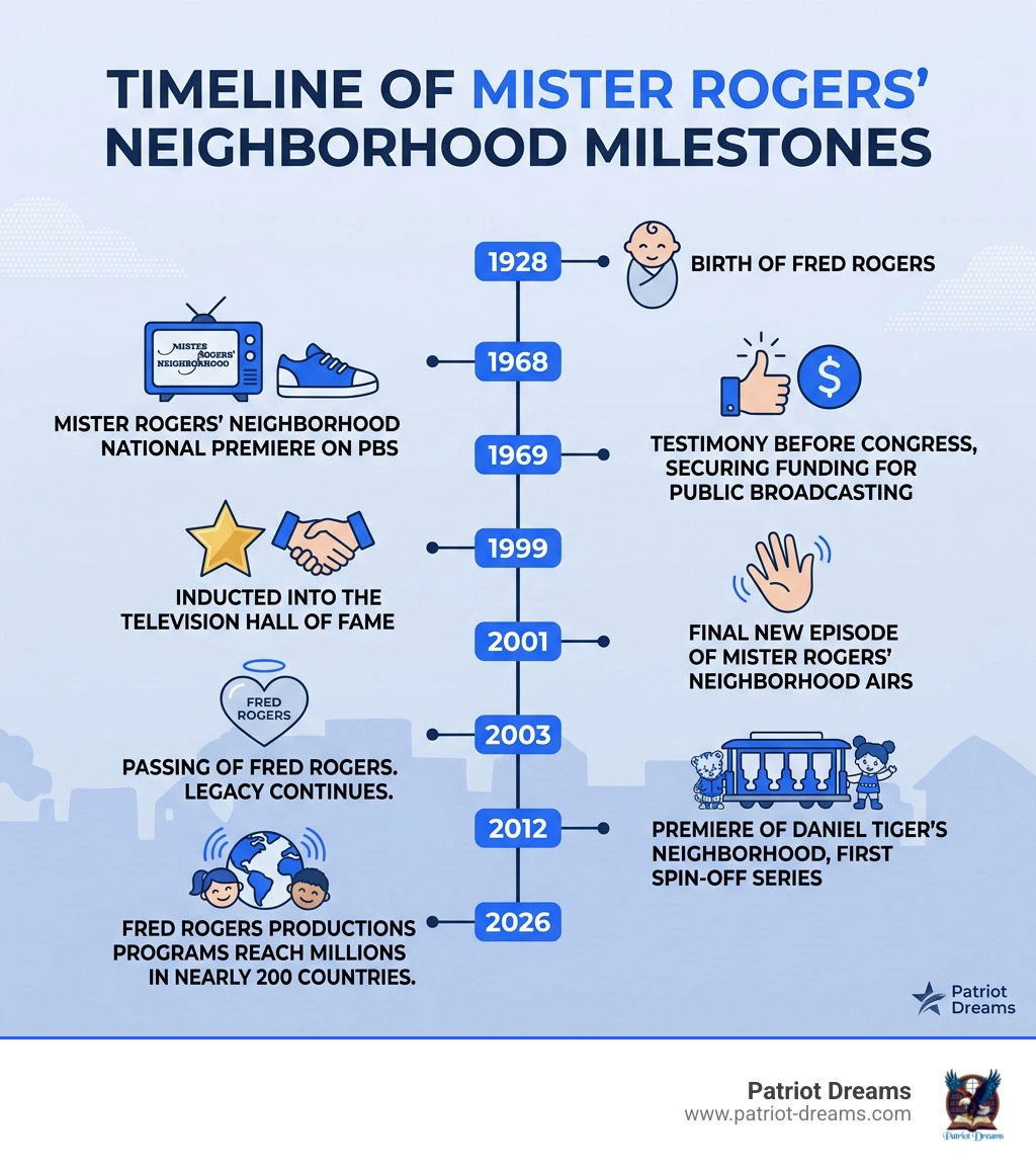 Timeline infographic of Mister Rogers' Neighborhood milestones from 1928 to 2026 infographic