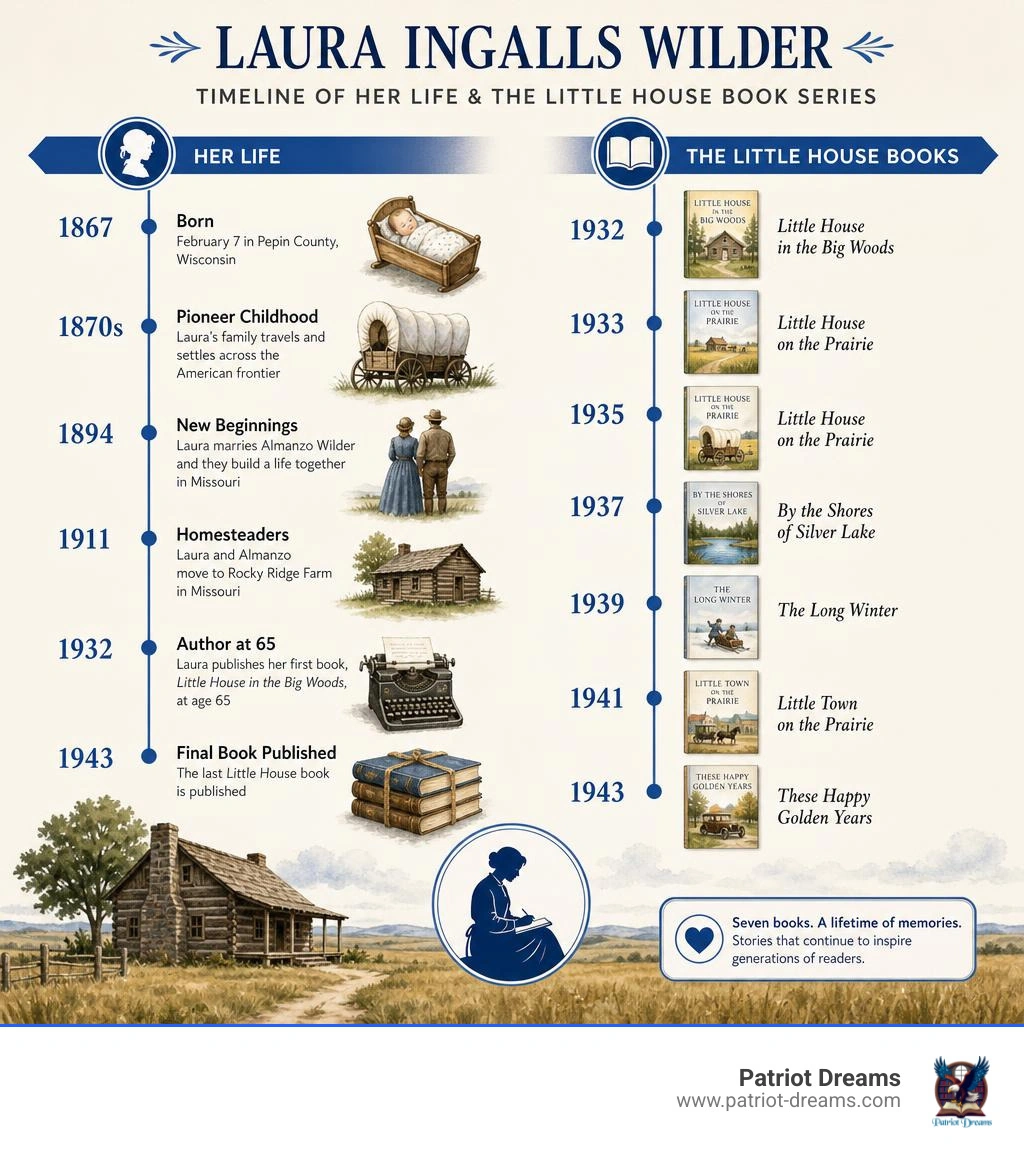 Timeline of Laura Ingalls Wilder's life and Little House book series from 1867 to 1943 infographic Timeline of Laura Ingalls Wilder's life and Little House book series from 1867 to 1943 infographic