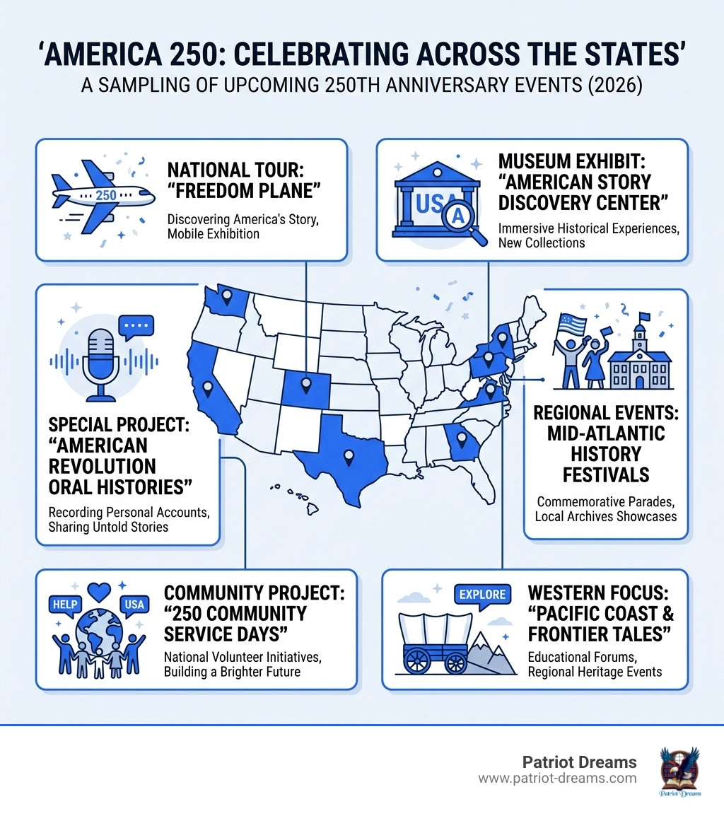 Infographic showing upcoming America 250 celebration events across the states - American historical archives infographic 