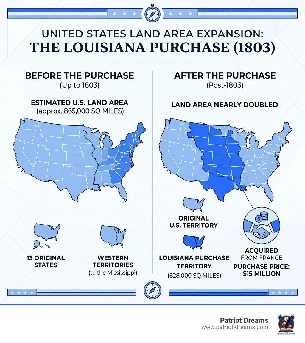 Infographic comparing the United States land area before and after the 1803 Louisiana Purchase - Thomas Jefferson facts