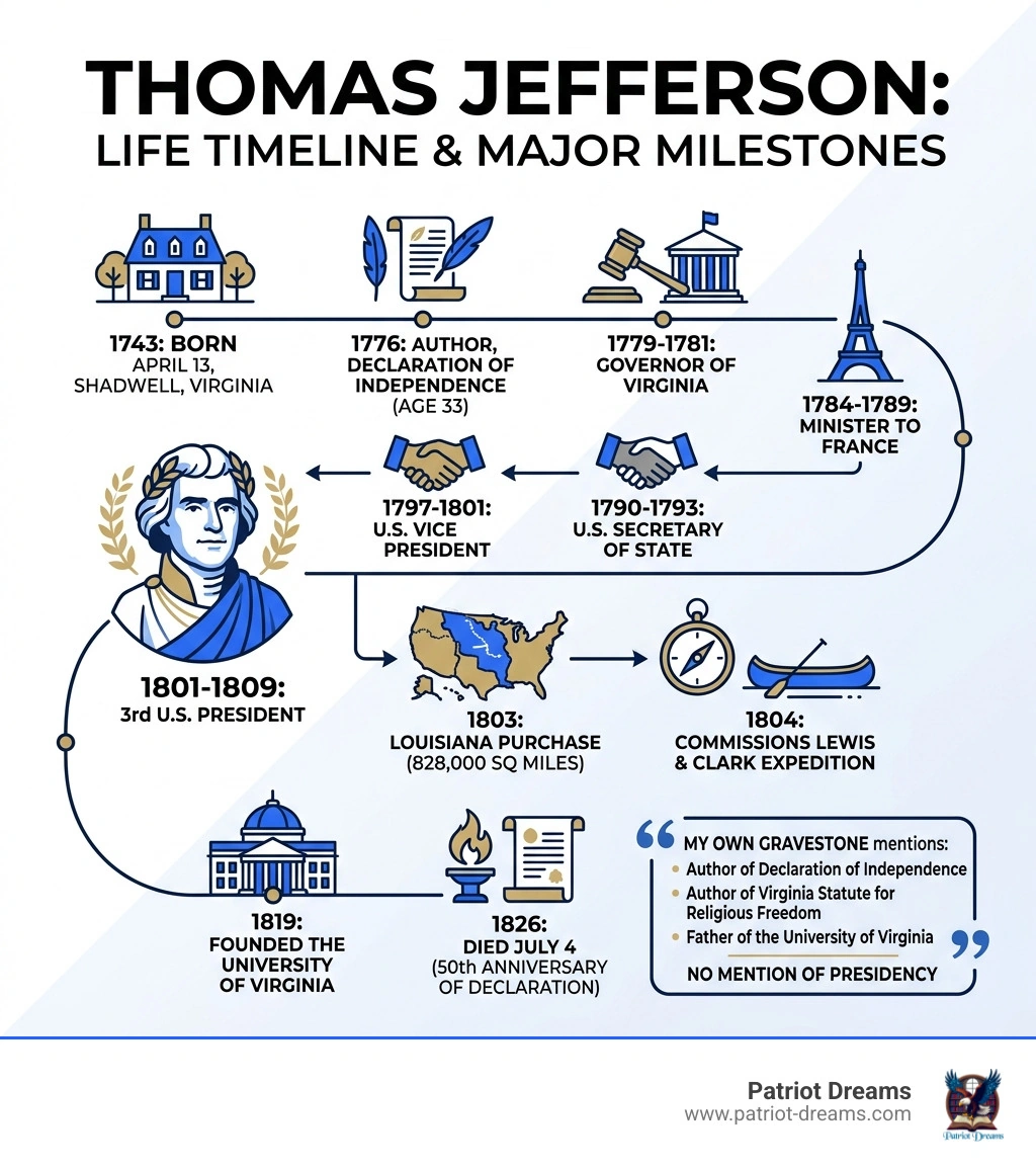 Thomas Jefferson life timeline and major milestones infographic - Thomas Jefferson facts infographic 