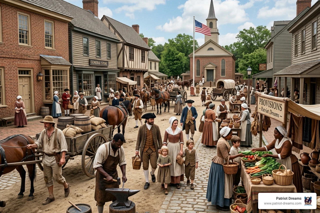 A diverse colonial town square with merchants, farmers, and families A diverse colonial town square with merchants, farmers, and families