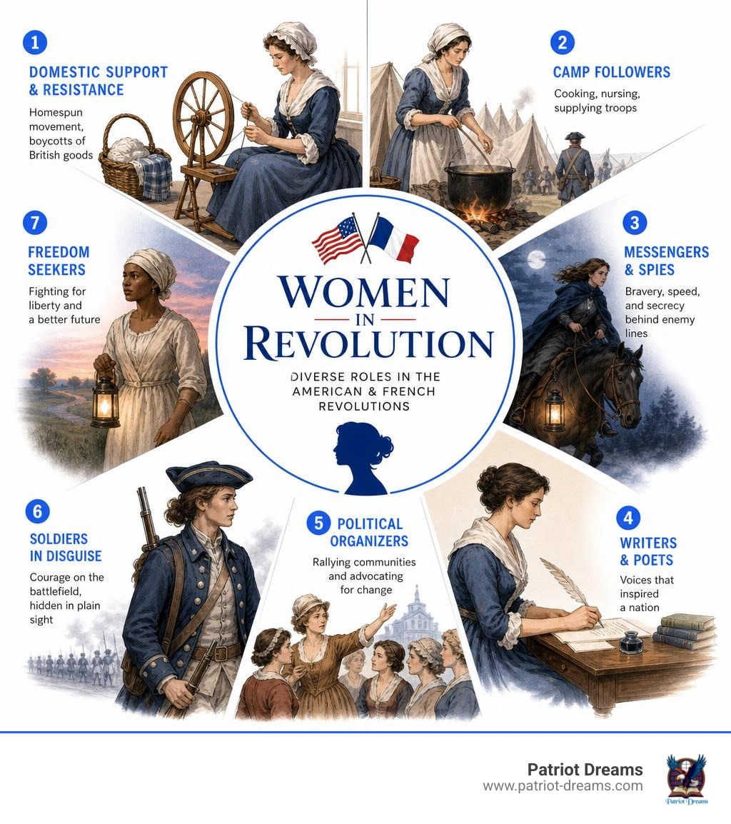 Infographic showing diverse roles of women during the American and French Revolutions infographic
