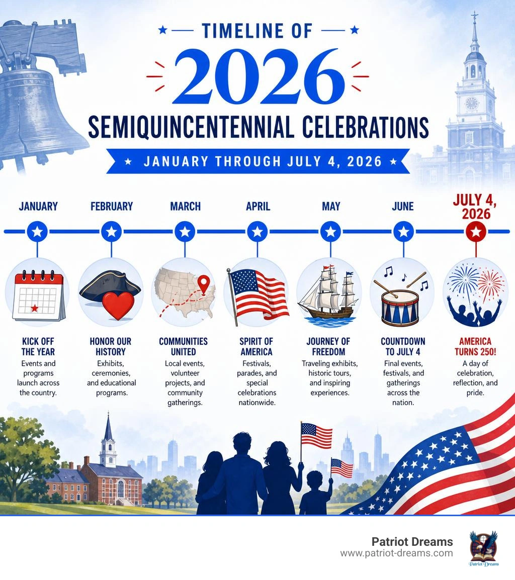 Timeline of 2026 Semiquincentennial celebrations from January through July 4, 2026 infographic