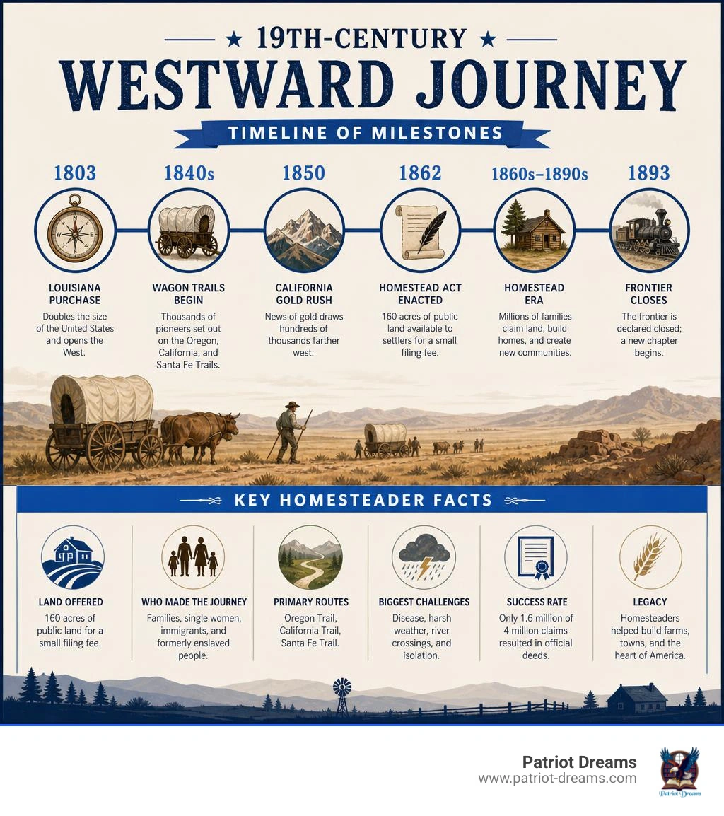 Timeline of 19th-century westward migration milestones and key homesteader facts infographic Timeline of 19th-century westward migration milestones and key homesteader facts infographic
