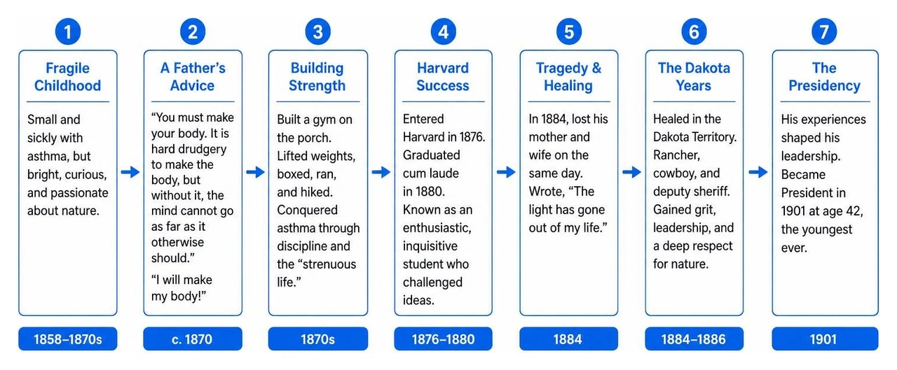 Diagram illustrating Theodore Roosevelt's path from childhood struggles to the presidency Diagram illustrating Theodore Roosevelt's path from childhood struggles to the presidency