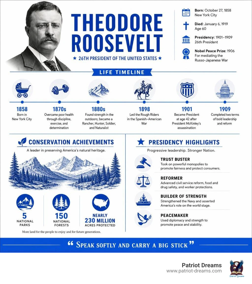 Theodore Roosevelt key facts infographic: life timeline, conservation achievements, presidency highlights infographic Theodore Roosevelt key facts infographic: life timeline, conservation achievements, presidency highlights infographic