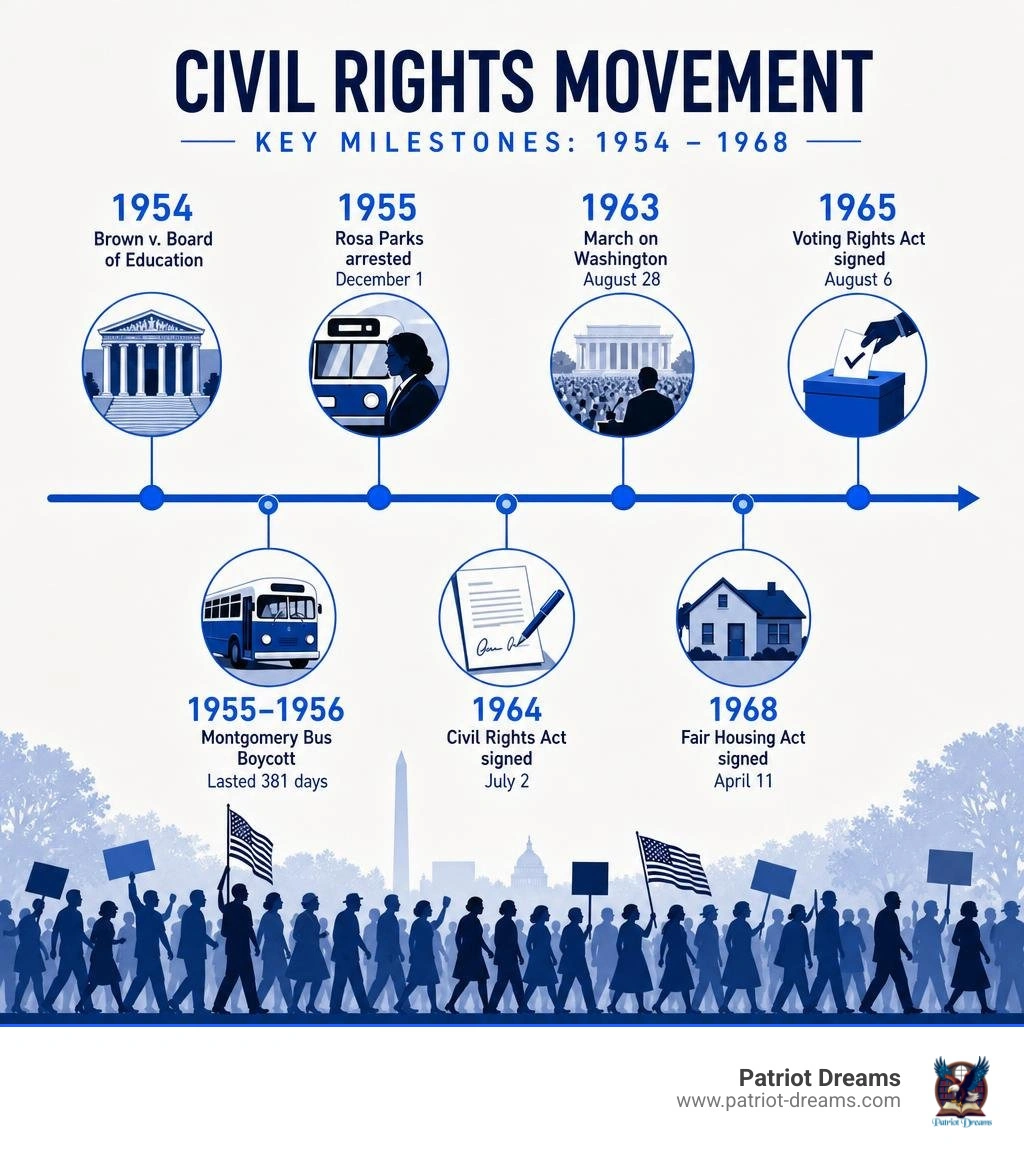 Timeline infographic of key Civil Rights Movement milestones from 1954 to 1968 infographic Timeline infographic of key Civil Rights Movement milestones from 1954 to 1968 infographic