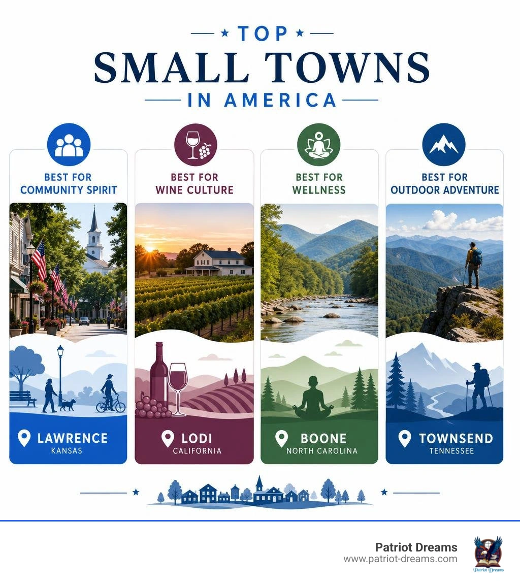 infographic showing top small towns in America by category including best for community spirit wine culture wellness and infographic showing top small towns in America by category including best for community spirit wine culture wellness and