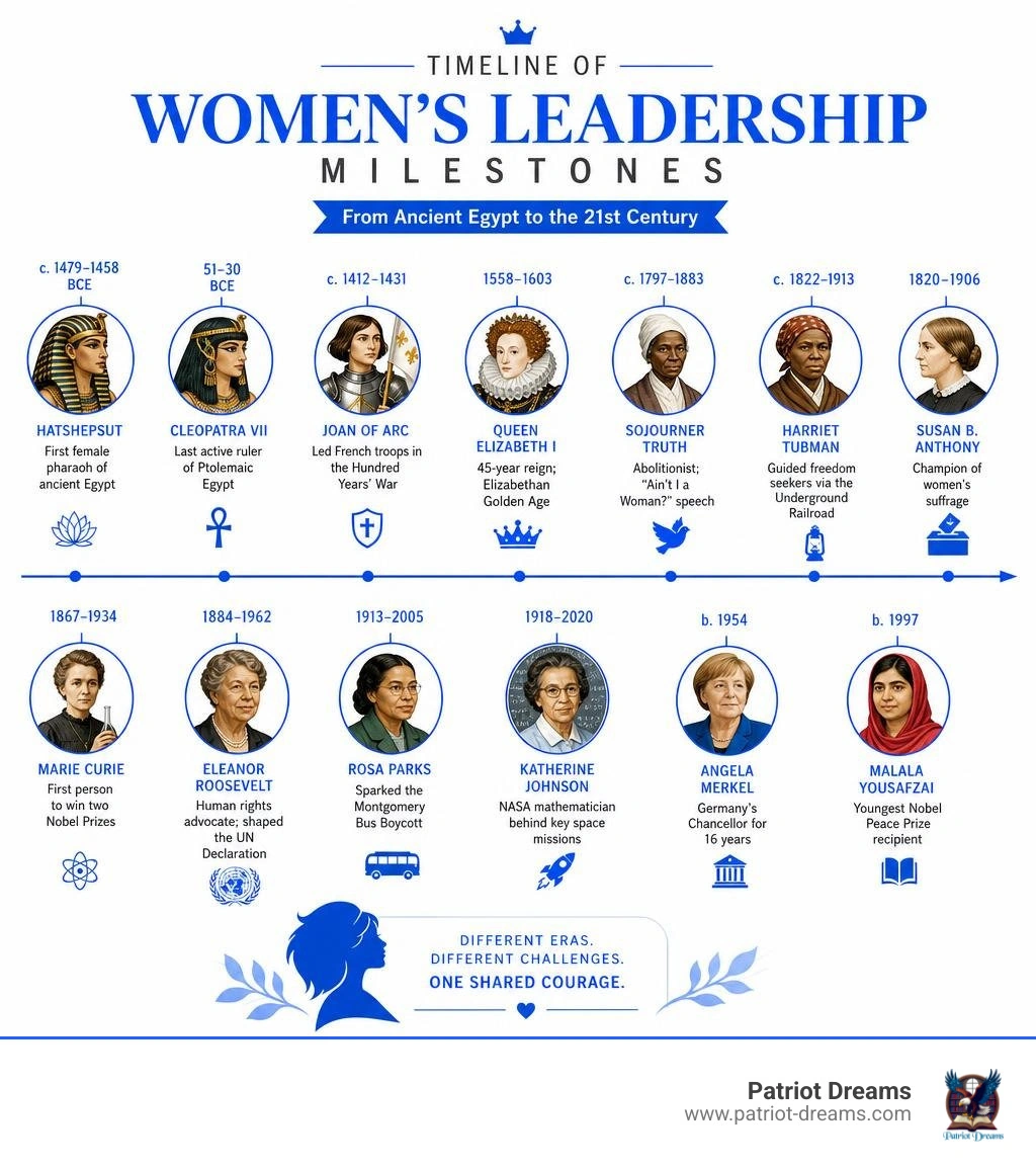 Timeline of women's leadership milestones from ancient Egypt to the 21st century infographic Timeline of women's leadership milestones from ancient Egypt to the 21st century infographic