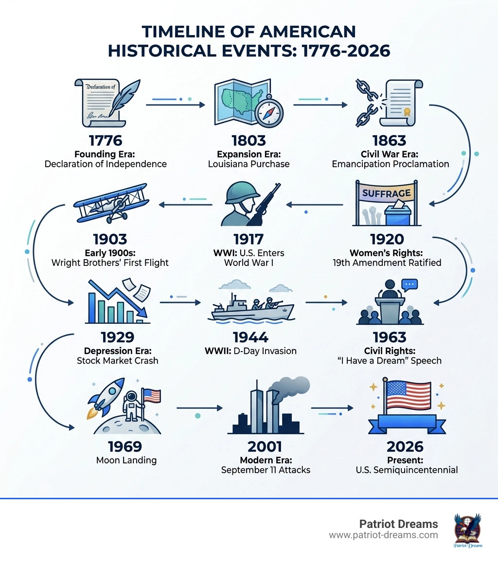 Timeline of American historical events from 1776 to 2026 showing key milestones by era - American historical events Timeline of American historical events from 1776 to 2026 showing key milestones by era - American historical events