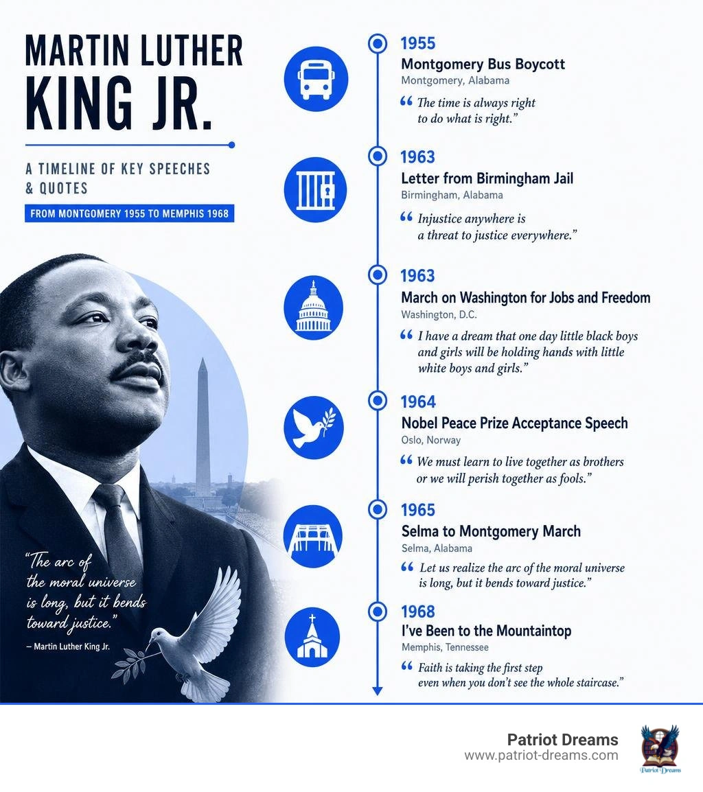 Timeline of MLK's key speeches and quotes from Montgomery 1955 to Memphis 1968 infographic