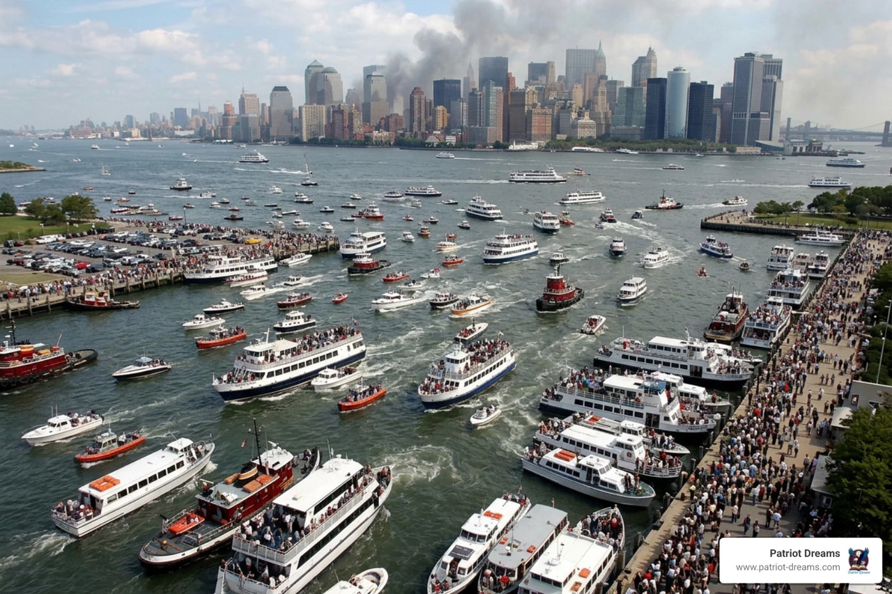 The 9/11 boatlift evacuation showing civilian boats and ferries crowding the harbor to rescue stranded people The 9/11 boatlift evacuation showing civilian boats and ferries crowding the harbor to rescue stranded people