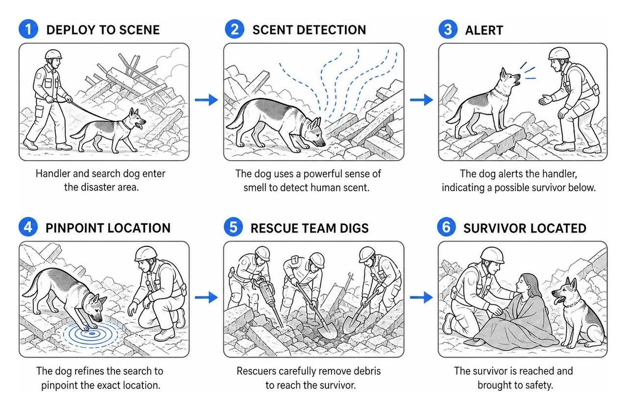 Diagram showing how search and rescue dogs navigate rubble using scent detection to locate survivors deep underground Diagram showing how search and rescue dogs navigate rubble using scent detection to locate survivors deep underground